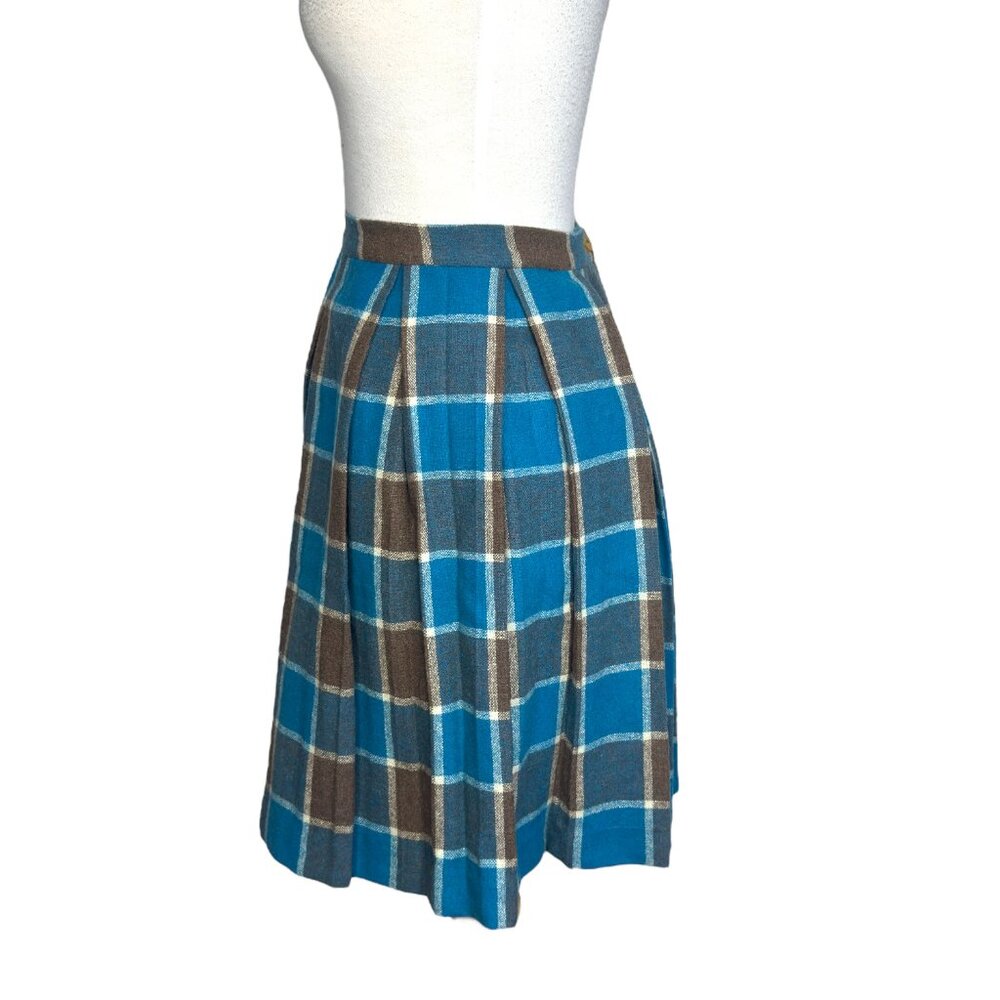 1970's Handmade Plaid Skirt Midi A-Line Pleated Barbiecore Blue and Brown Wool - Picture 7 of 10